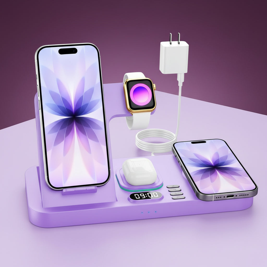 Dual Phone Wireless Charging Station for Apple Devices, Magnetic Charging Station for iPhone with Auto Switch 7-Color Light&Clock, Family Watch Charger for iPhone17 for iWatch11 for AirPods Pro3(Black