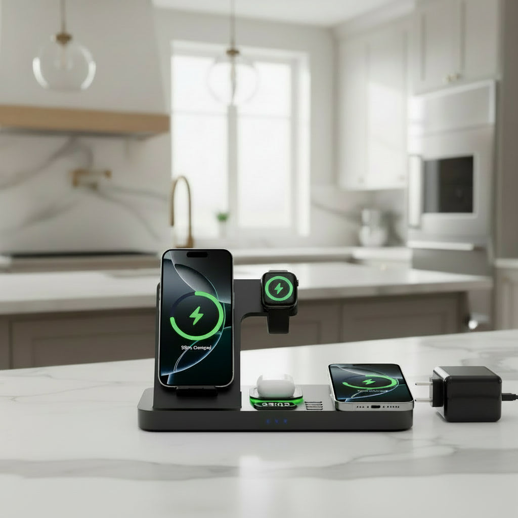 Dual Phone Wireless Charging Station for Apple Devices, Magnetic Charging Station for iPhone with Auto Switch 7-Color Light&Clock, Family Watch Charger for iPhone17 for iWatch11 for AirPods Pro3(Black