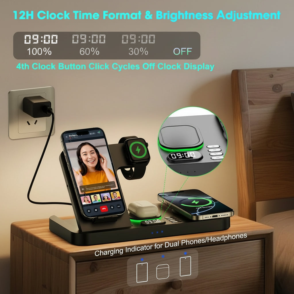 Dual Phone Wireless Charging Station for Apple Devices, Magnetic Charging Station for iPhone with Auto Switch 7-Color Light&Clock, Family Watch Charger for iPhone17 for iWatch11 for AirPods Pro3(Black