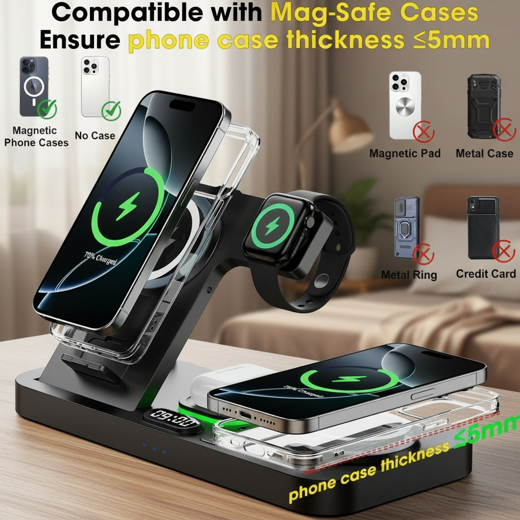 Dual Phone Wireless Charging Station for Apple Devices, Magnetic Charging Station for iPhone with Auto Switch 7-Color Light&Clock, Family Watch Charger for iPhone17 for iWatch11 for AirPods Pro3(Black
