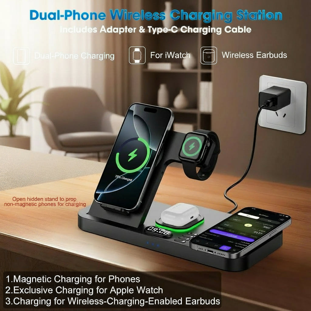 Dual Phone Wireless Charging Station for Apple Devices, Magnetic Charging Station for iPhone with Auto Switch 7-Color Light&Clock, Family Watch Charger for iPhone17 for iWatch11 for AirPods Pro3(Black