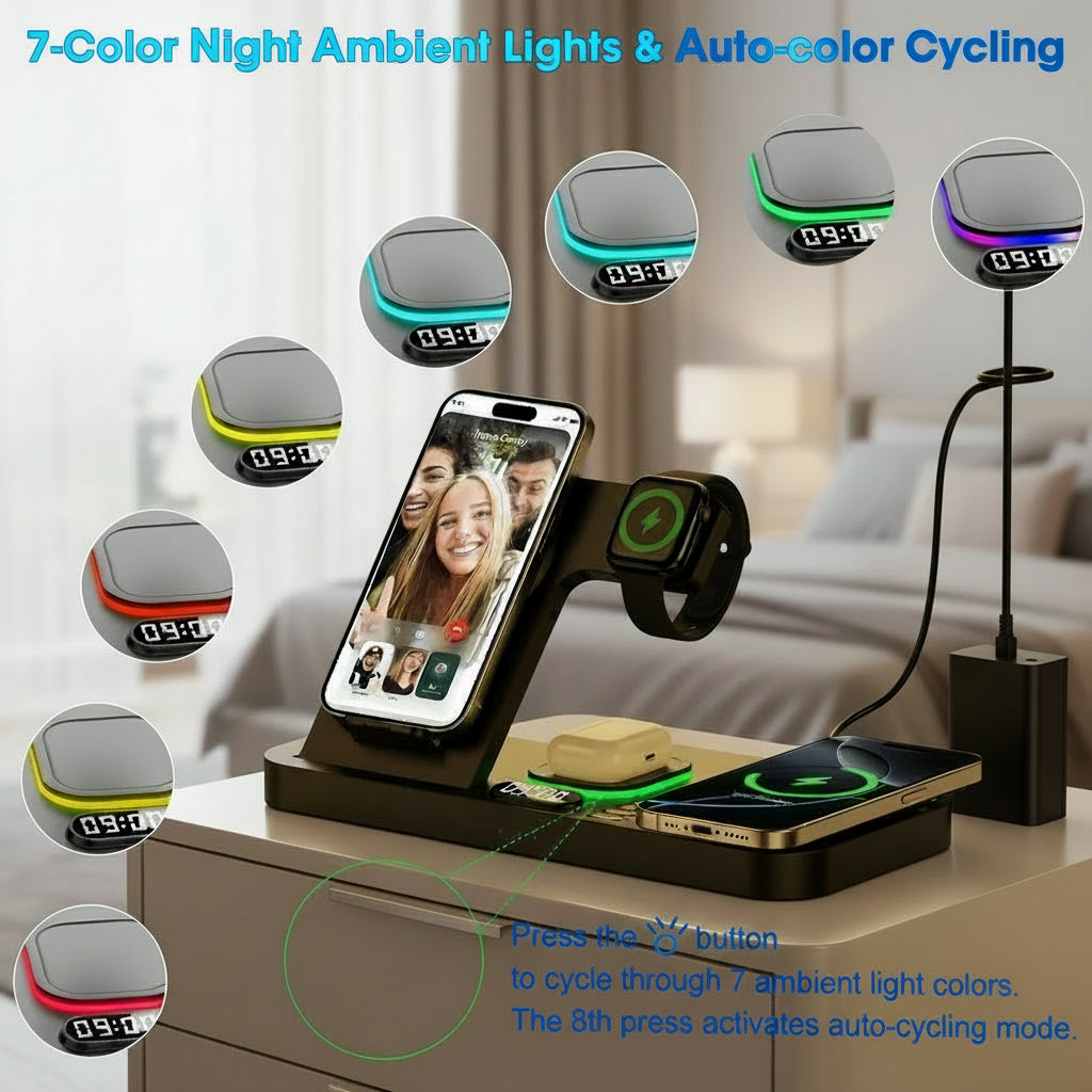 Dual Phone Wireless Charging Station for Apple Devices, Magnetic Charging Station for iPhone with Auto Switch 7-Color Light&Clock, Family Watch Charger for iPhone17 for iWatch11 for AirPods Pro3(Black